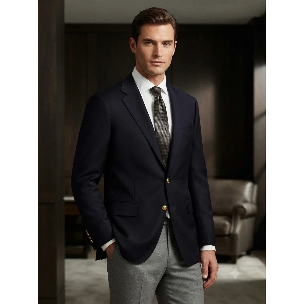 Gorsart New York Mens Navy Blue Virgin Wool Blazer Gold Buttons Made in USA